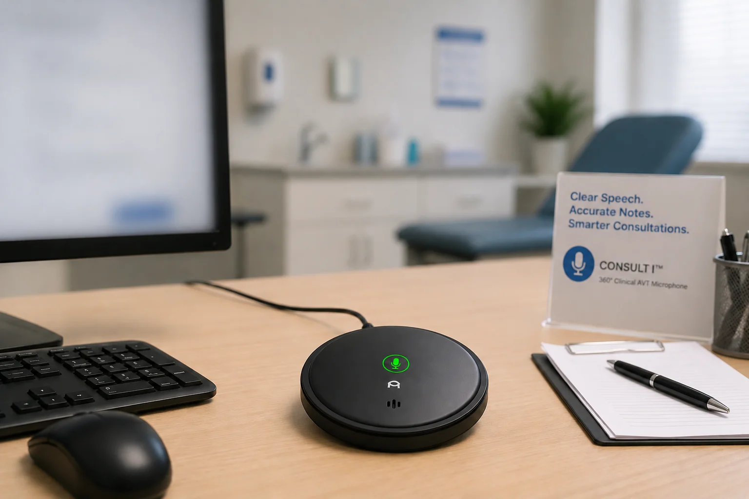 CONSULT I clinical AVT microphone on a consultation desk in a healthcare workspace